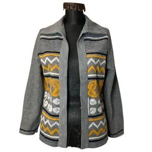 Vintage 70s Grey & Yellow Daisy Lightweight Dagger Collar Cardigan S/M